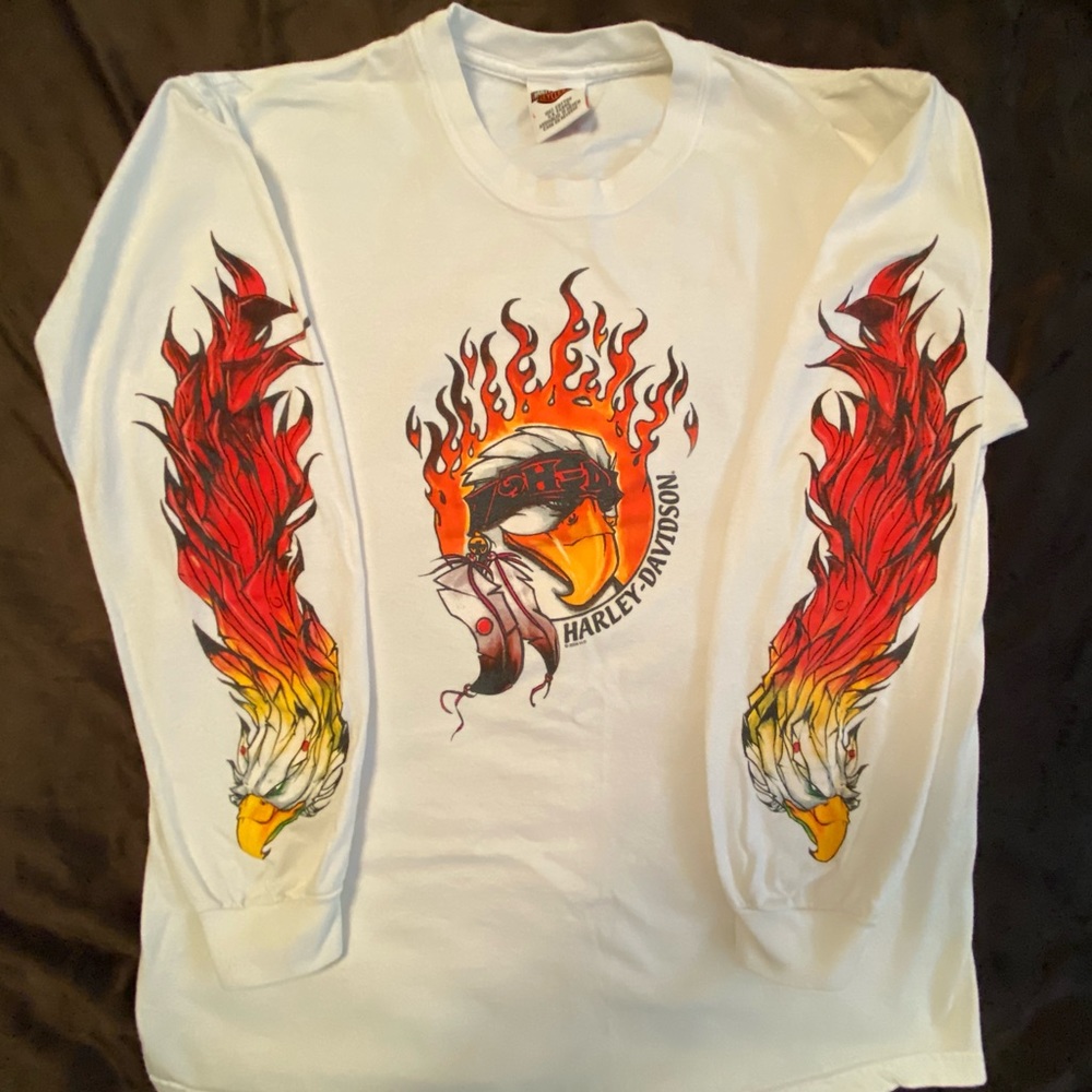 Harley Davidson white LS tee shirt with Eagle design on front and both sleeves.